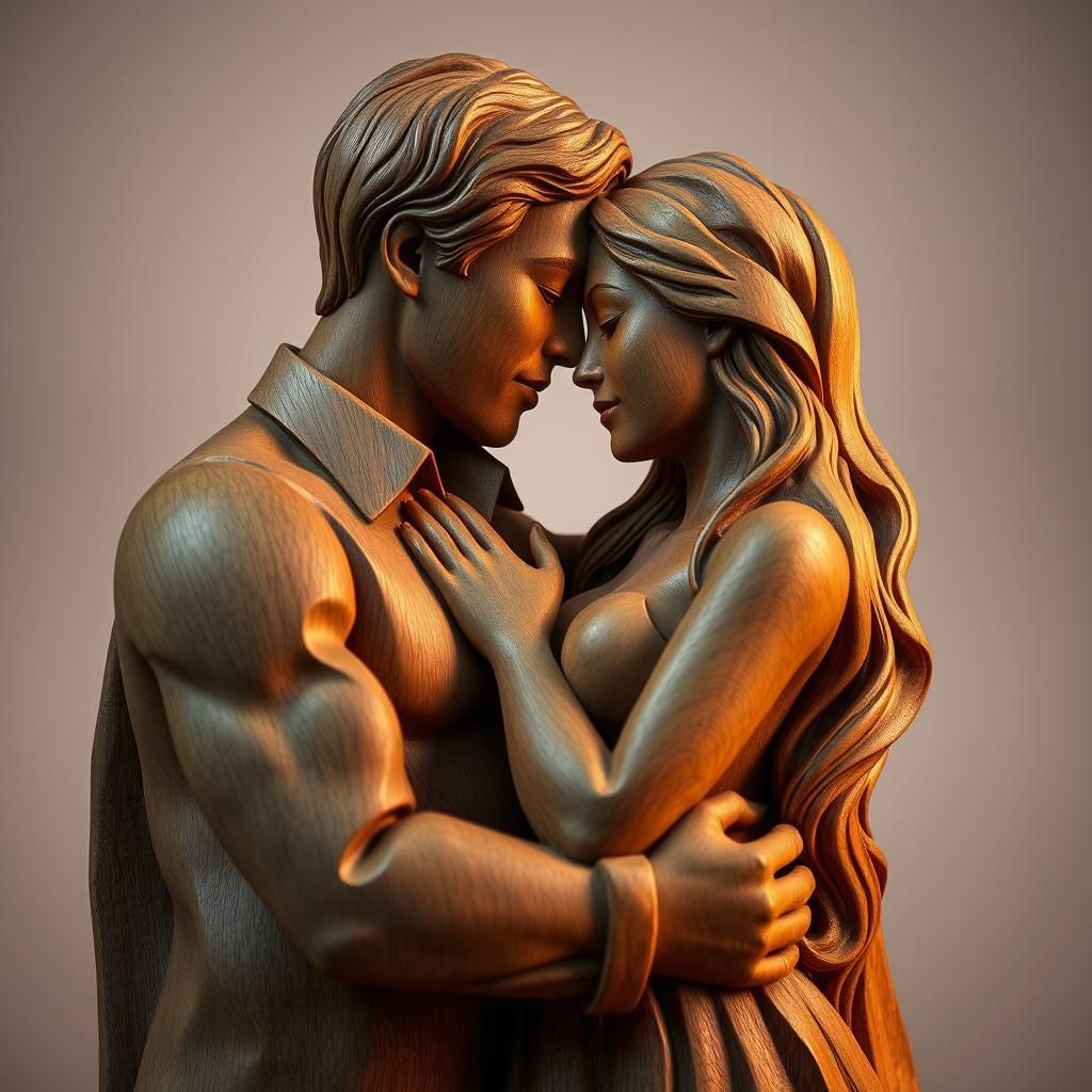 Intricately Carved Wooden Sculpture of a Loving Couple