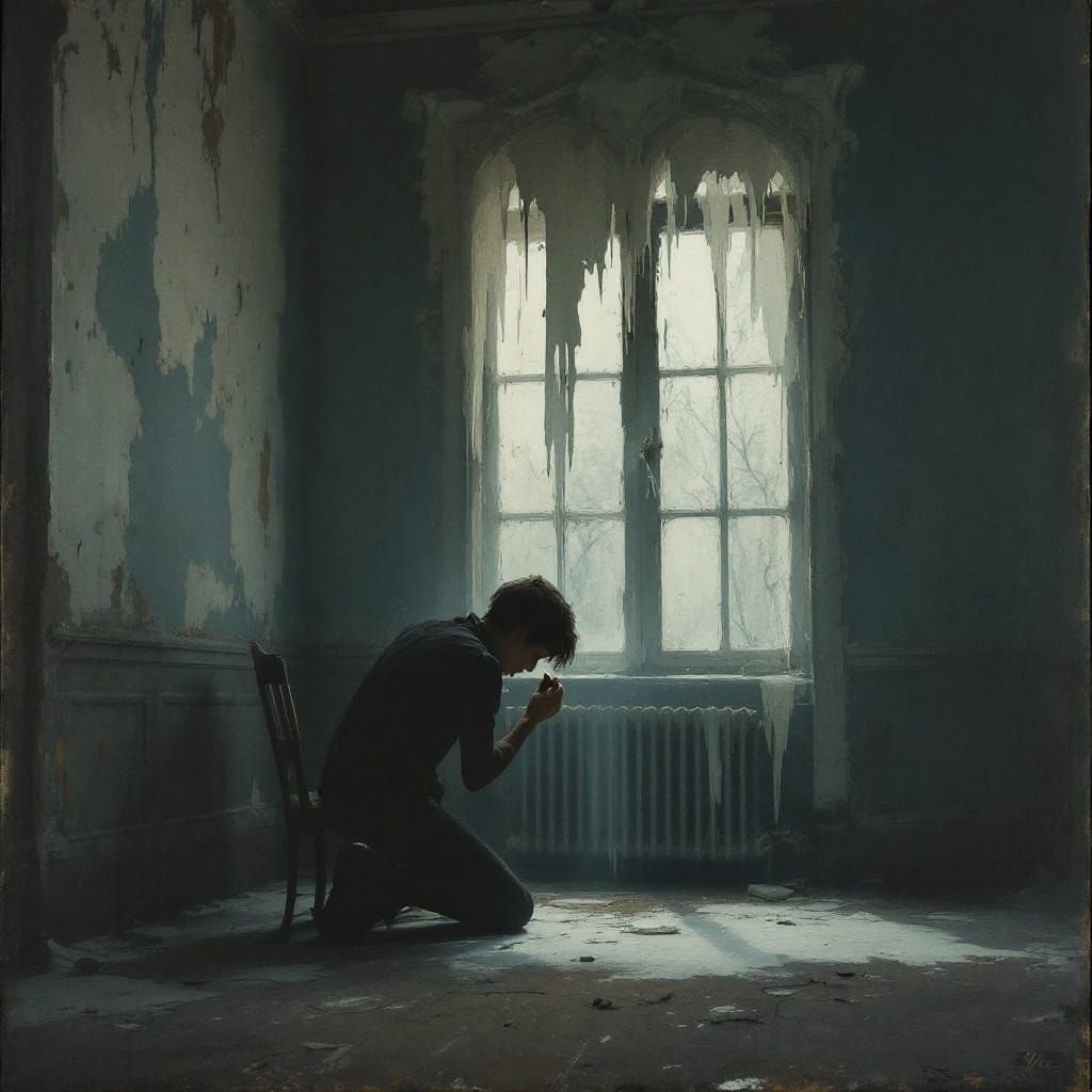 Young Adult in Eerie Abandoned Room Sucks Paint from Ceiling