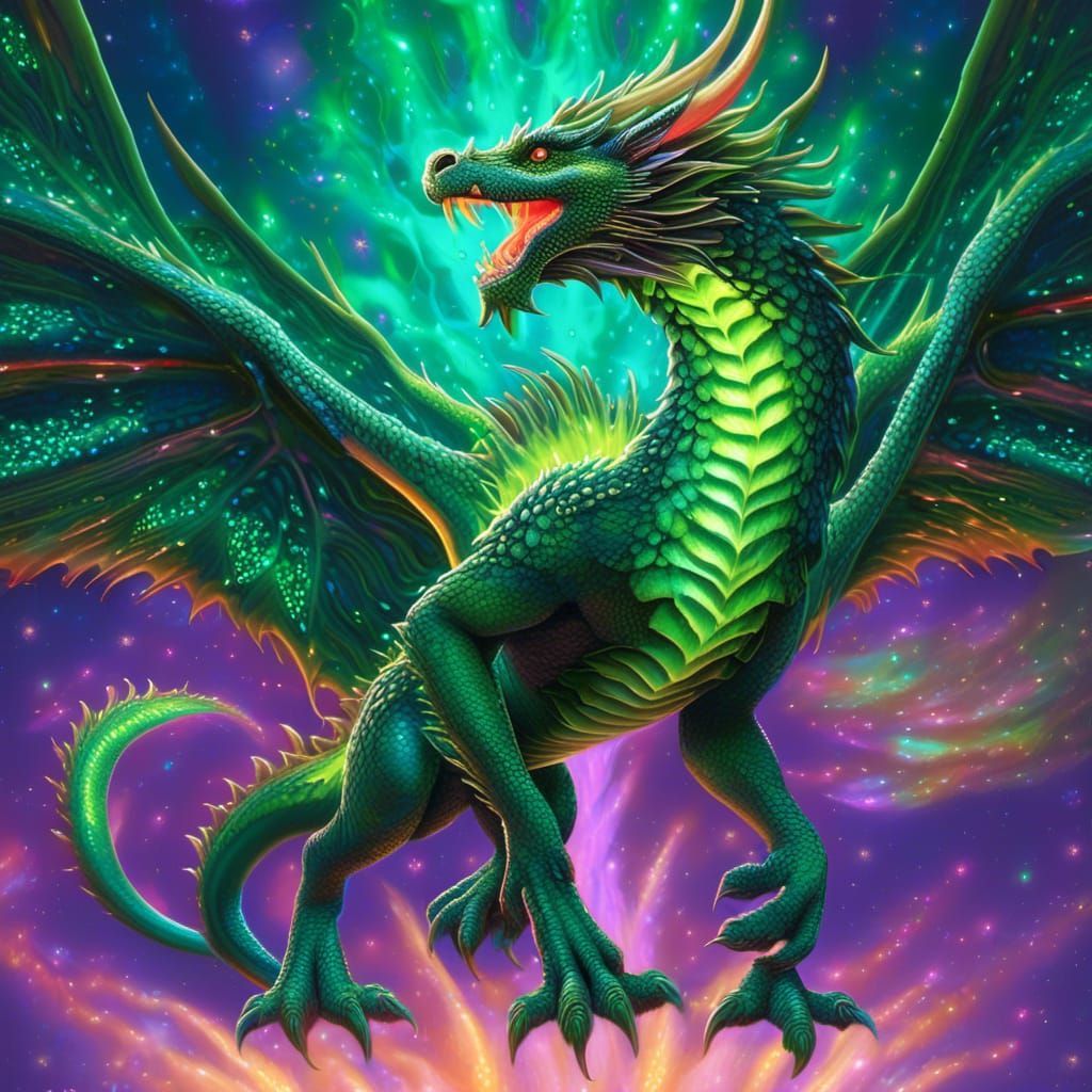 Green Dragon with Glowing Runes in Galaxy Sky