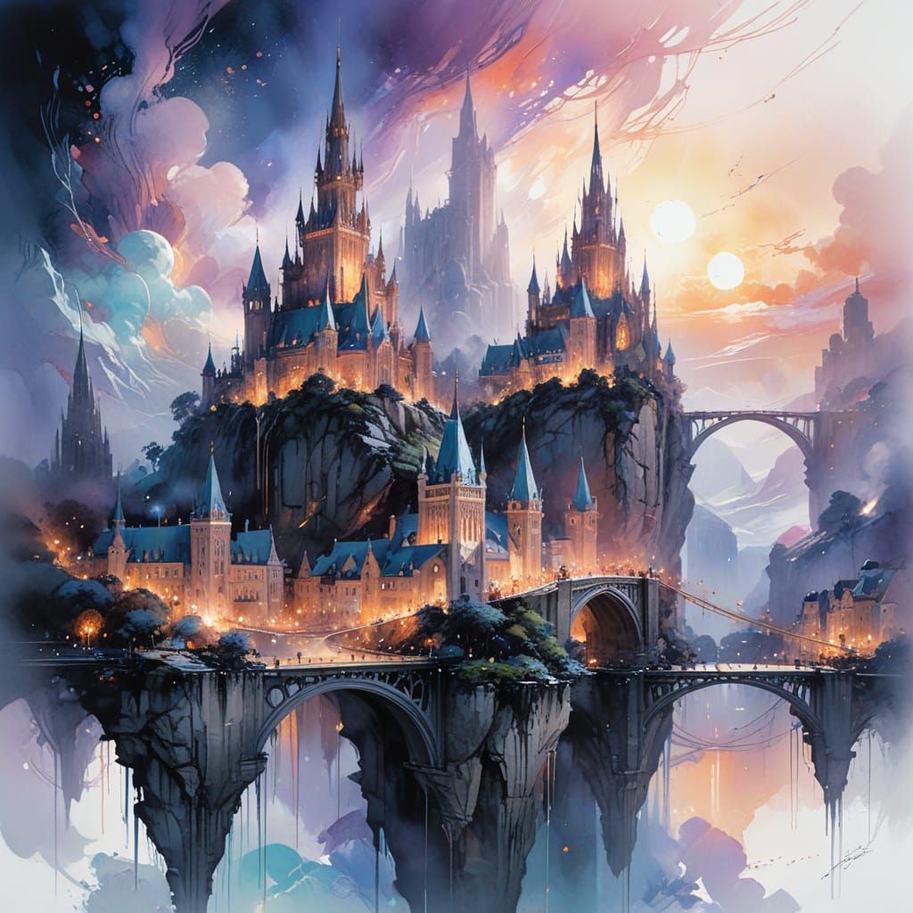 Twilight Floating City with Crystal Spires in Watercolor Sty...