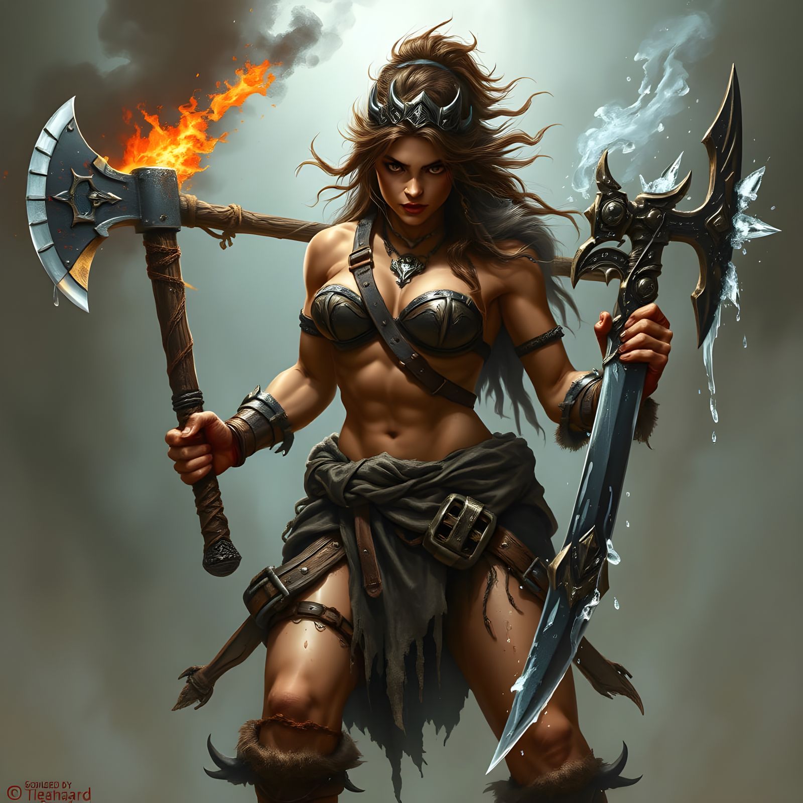 Scarred Barbarian Warrior Wields Fiery Battle-Ax and Icy Bro...