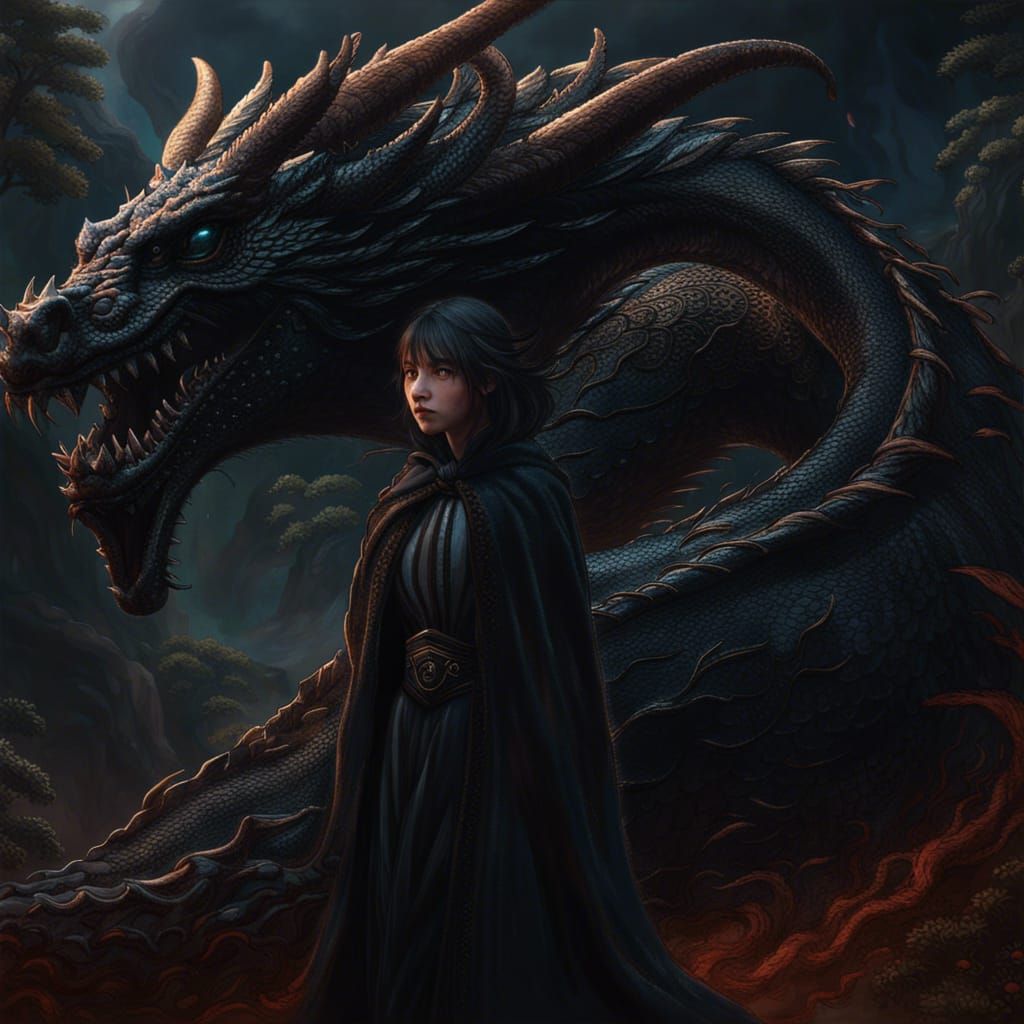 Black Cloaked Girl with Dragon, Masaaki Sasamoto Style