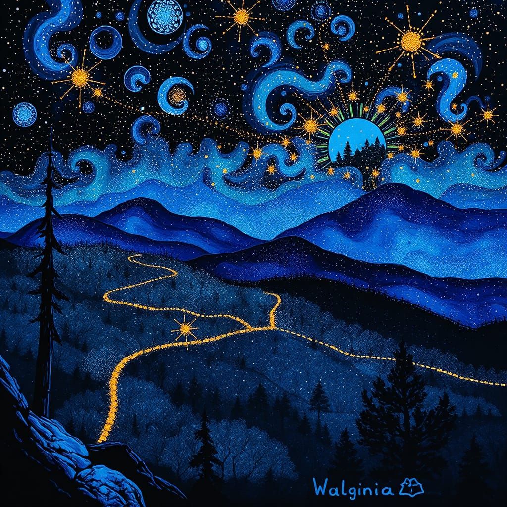 Blue Ridge Parkway Mountains: Whimsical Pointillist Art