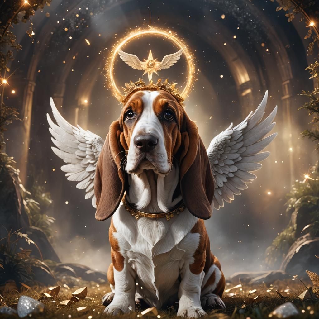 Basset Hound with Angel Halo in Fantasy Art