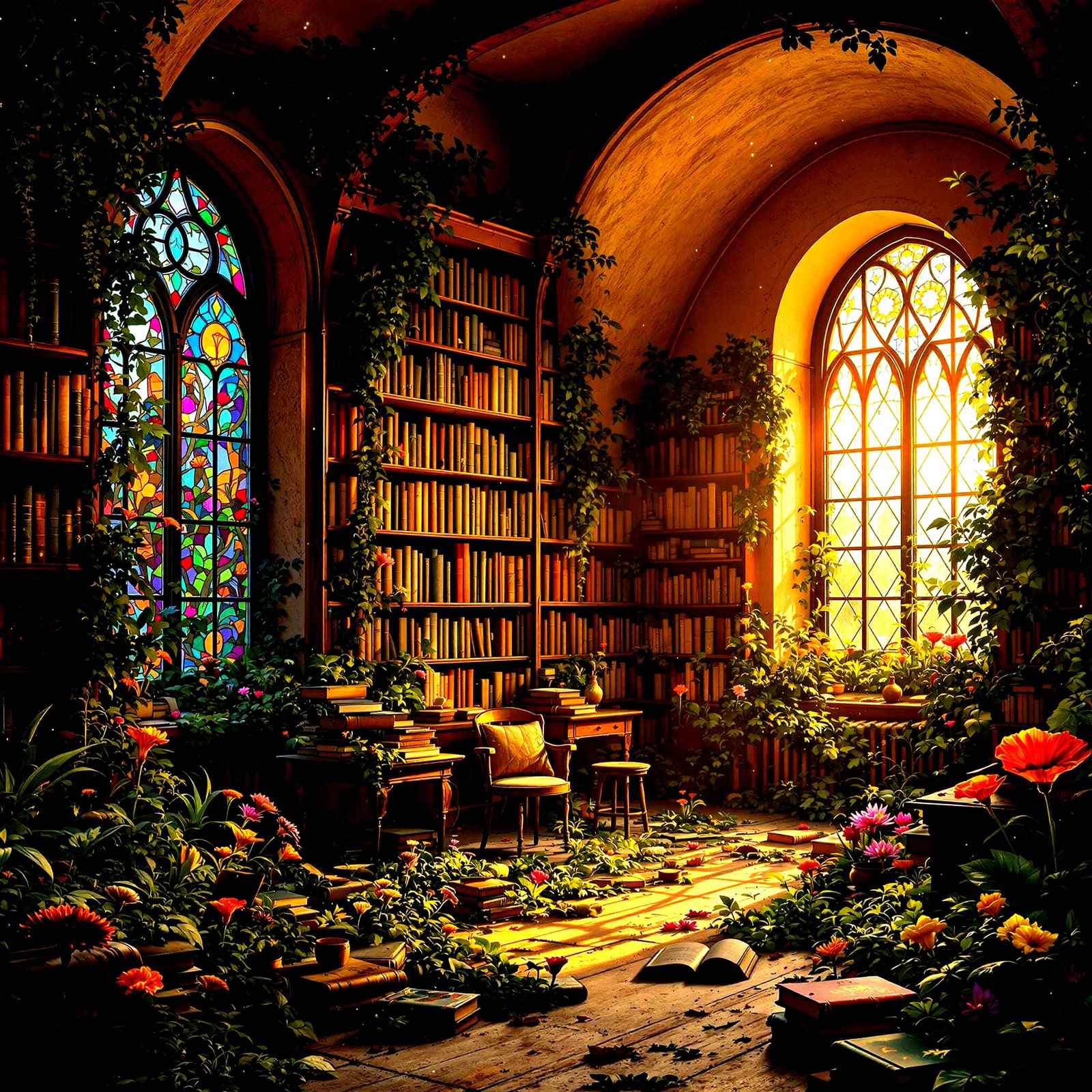 Abandoned Library Transformed by Solarpunk Jungle