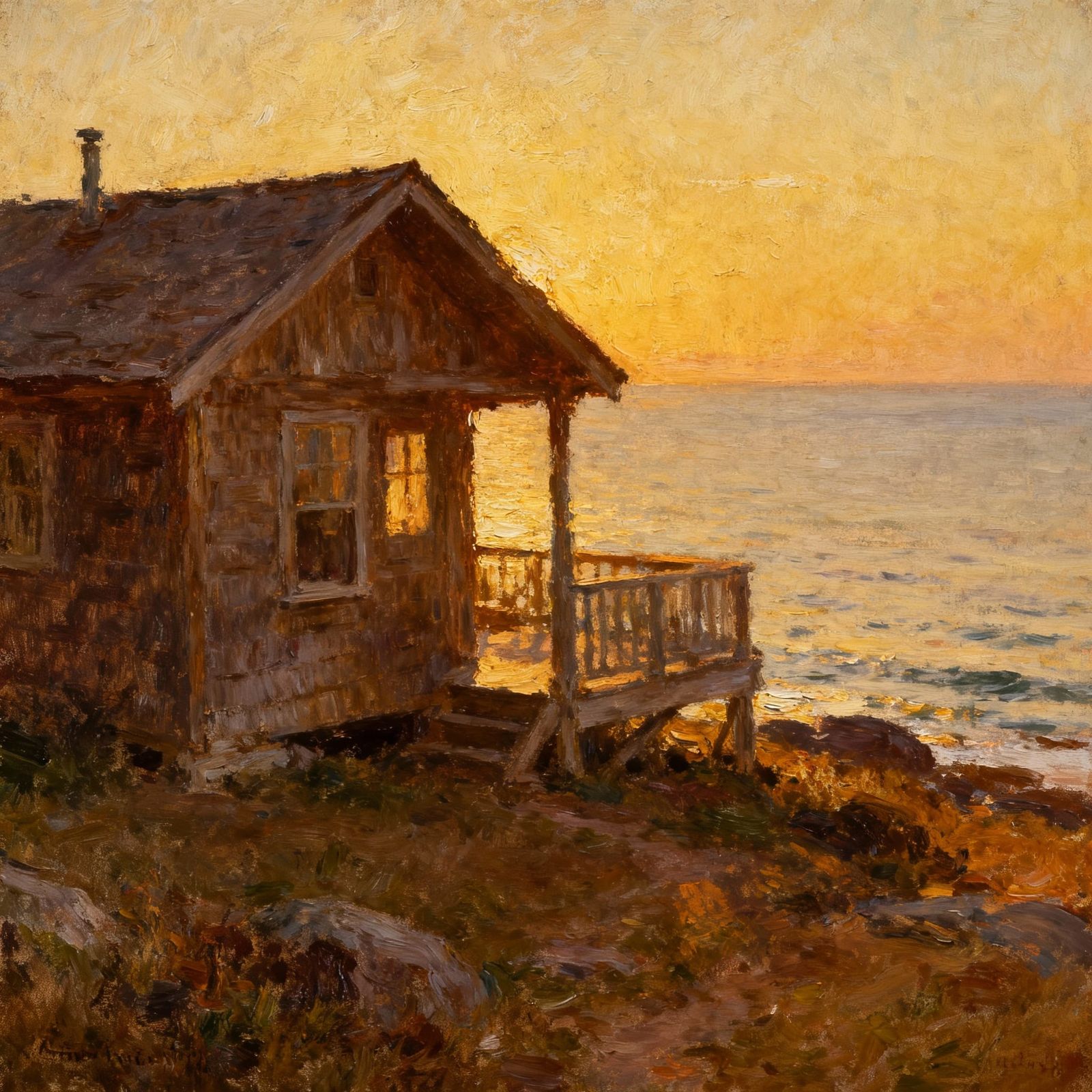 Peaceful Seaview From Cozy Wooden Chalet at Dusk