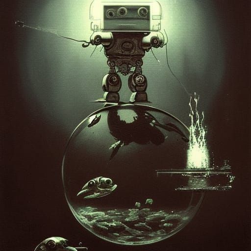 Robot with Robot Fishbowl, Etching Style