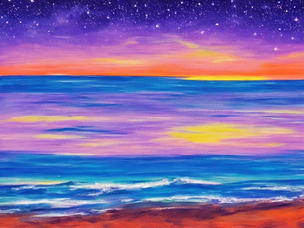 Surreal Beach Scene with Purple Sky and Orange Ocean