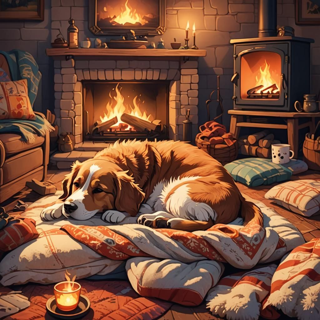 Pet Napping by Fire in 2D Animation Style