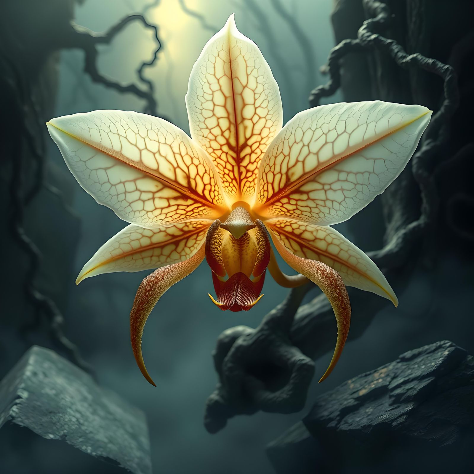 Glowing Crystalized Orchid in Detailed Horror Scene