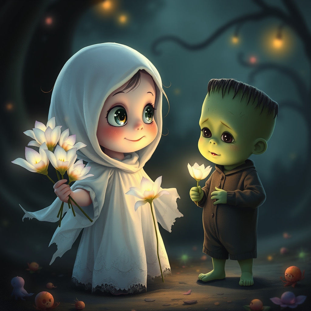 Ethereal Toddler Ghost and Frankenstein in Digital Art