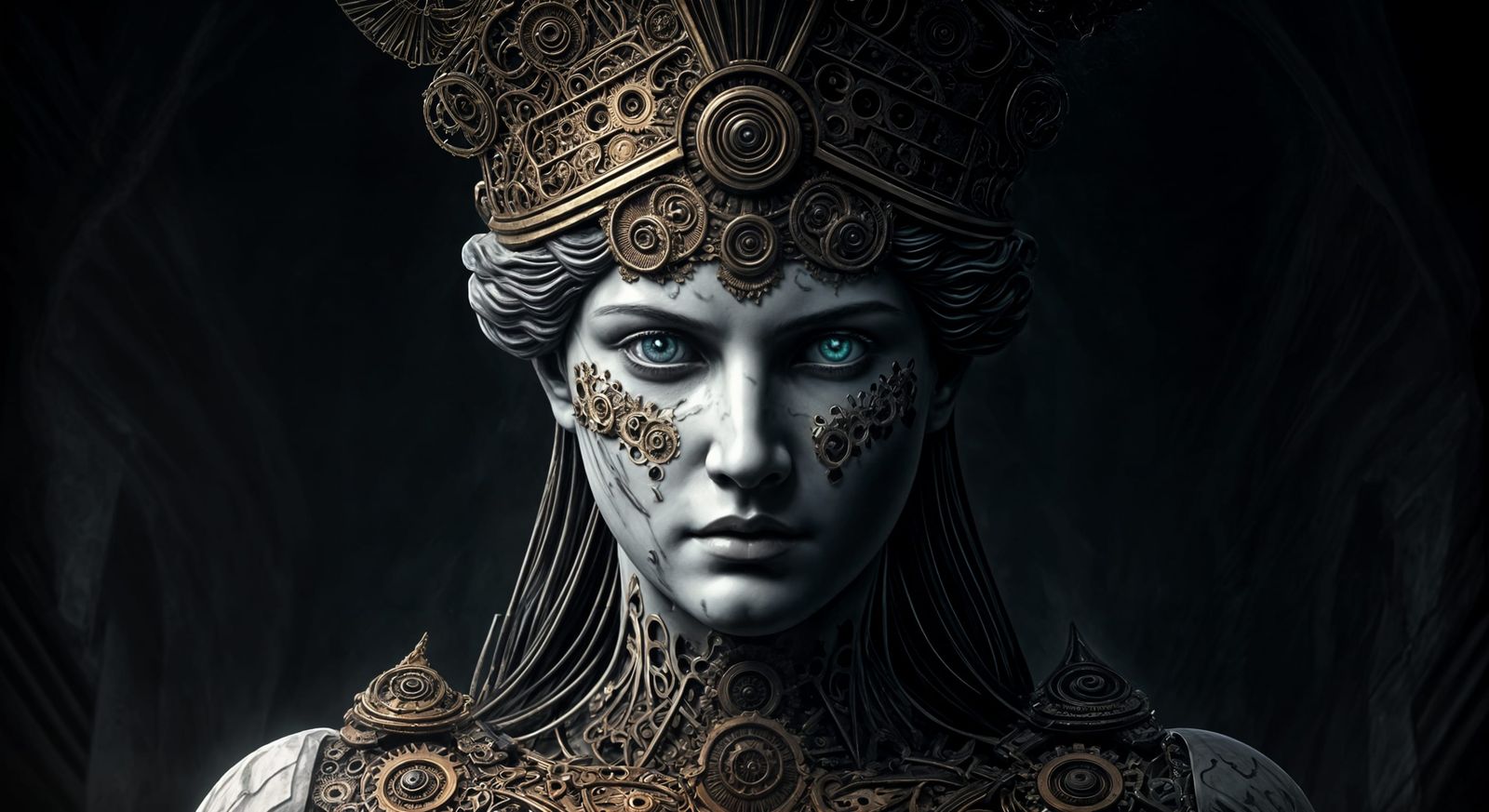 Marble Athena Statue with Gears in Dramatic Moonlight