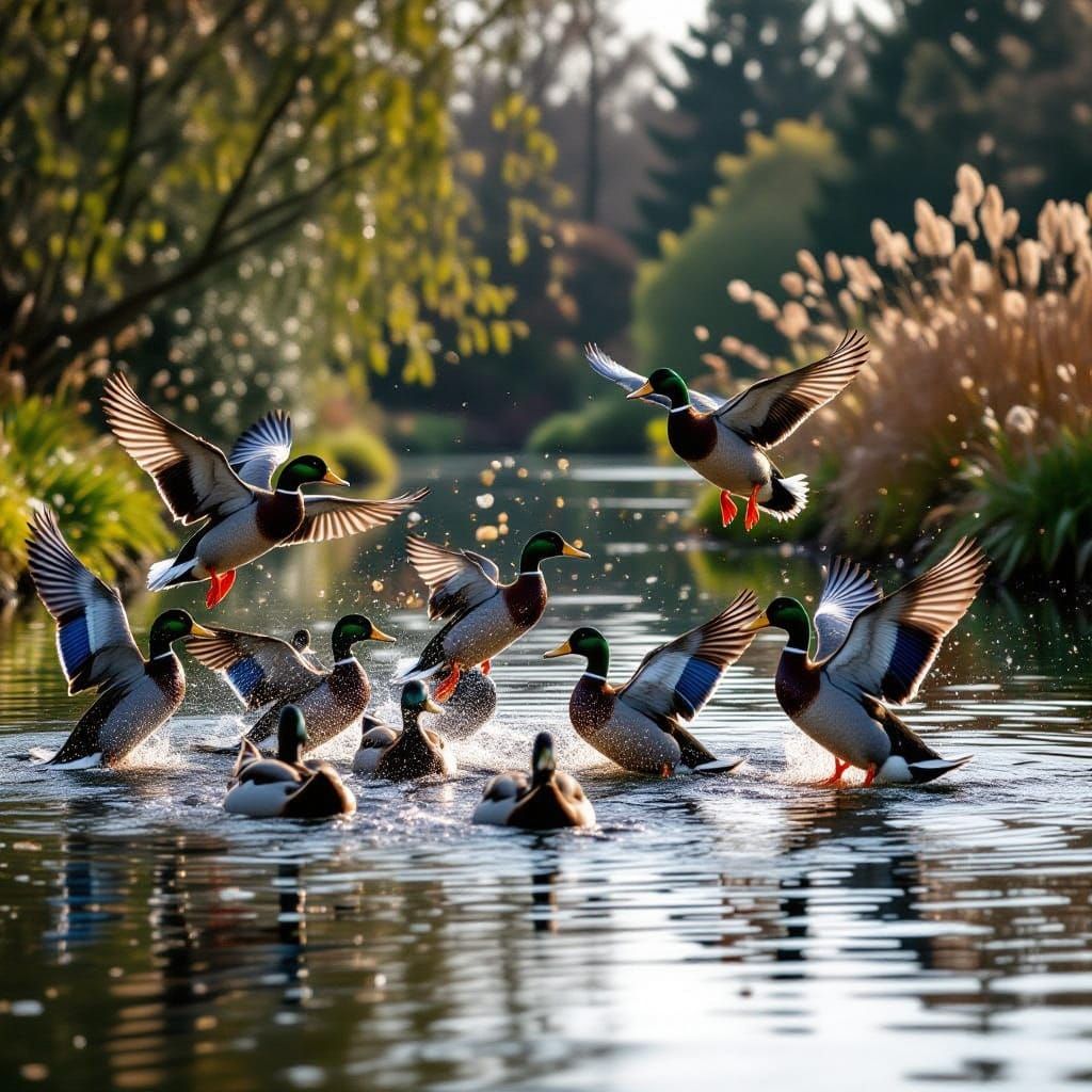 Mallard Ducks Taking Flight From Pond - Cinematic Masterpiec...