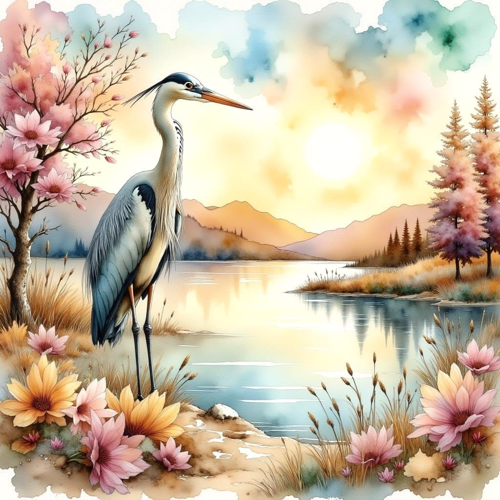 Whispers of Wind and Mist: A Dreamy Heron in Pastel Watercol...