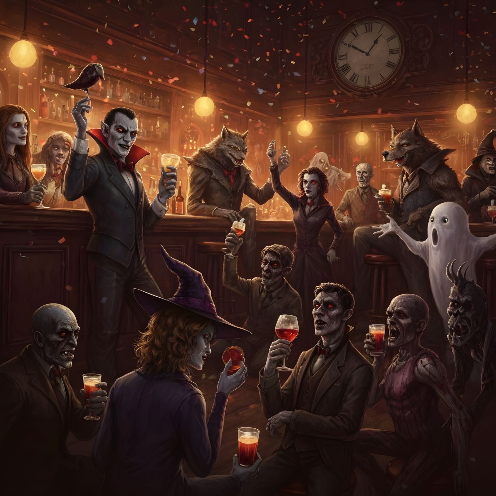Halloween Creatures Celebrate New Year's Eve in a Bar