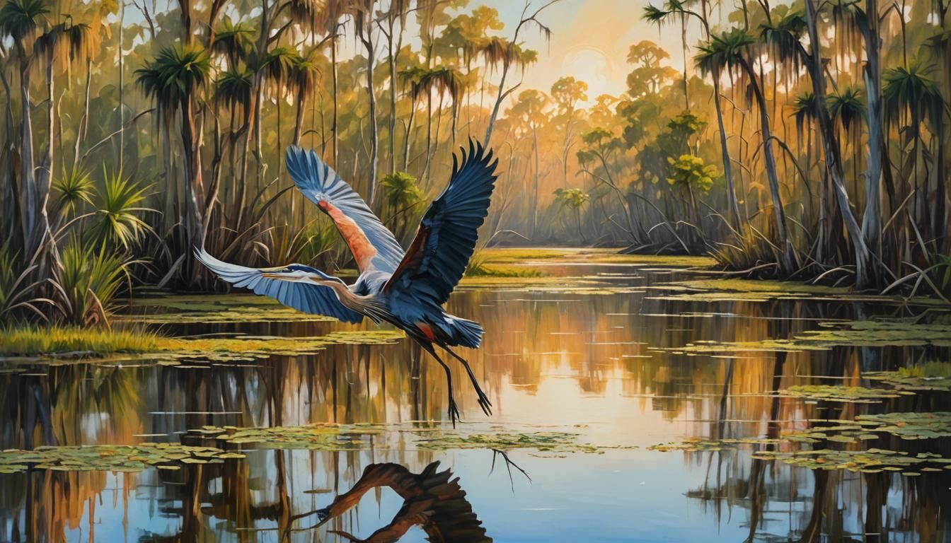 Heron Soars Above Everglades: Expressionist Oil Painting