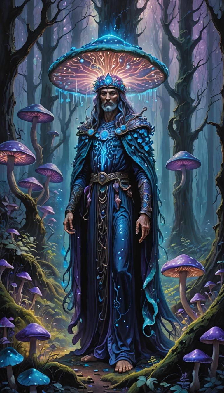 Bioluminescent God in Ethereal Forest, Surreal Oil Painting