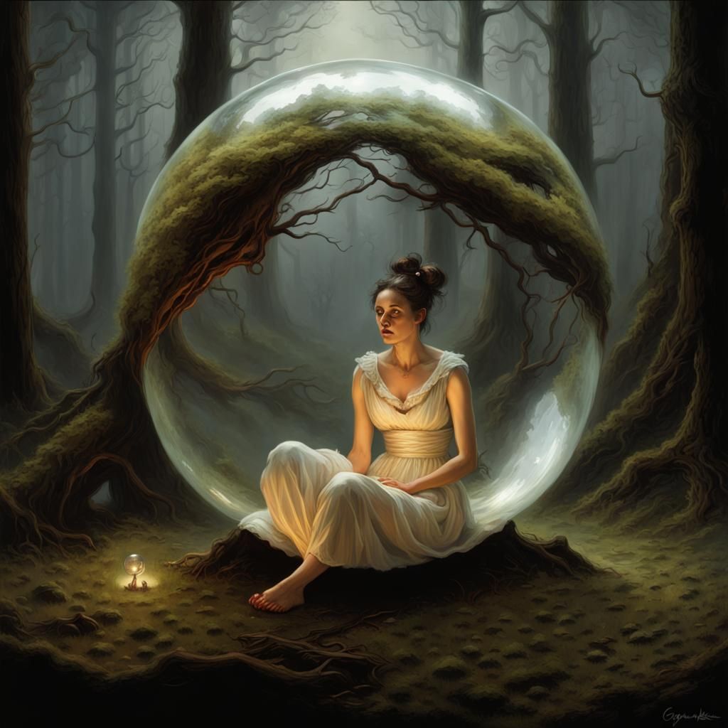 Woman Gazing into Illuminated Glass Ball in Dark Forest