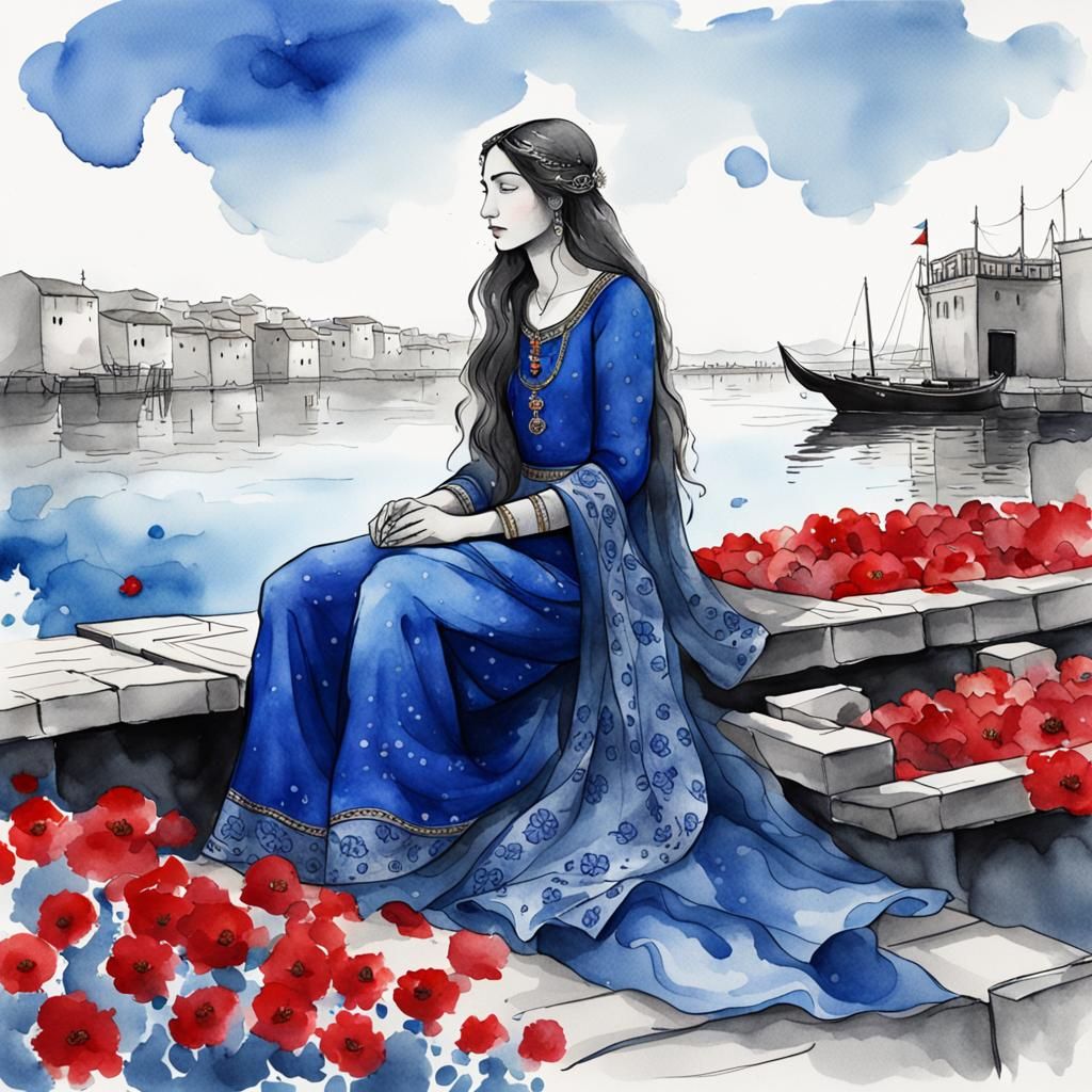 Medieval Pagan Priestess in Royal Blue Silk, Watercolor Insp...