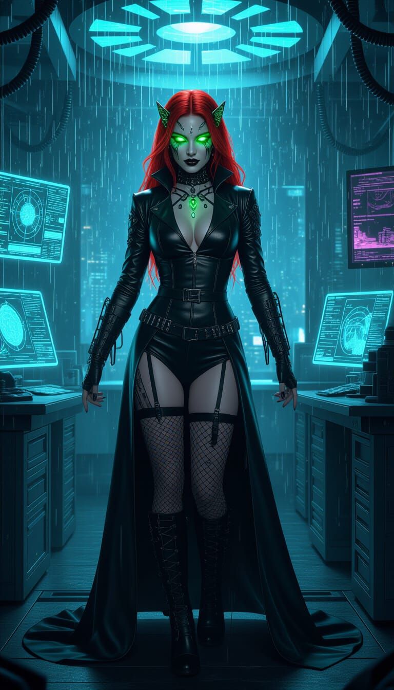 Gothic Cyberpunk Witch in Futuristic Laboratory