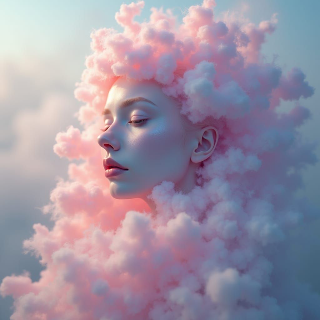 Ethereal Face in Dreamy Pastel Cloudscape