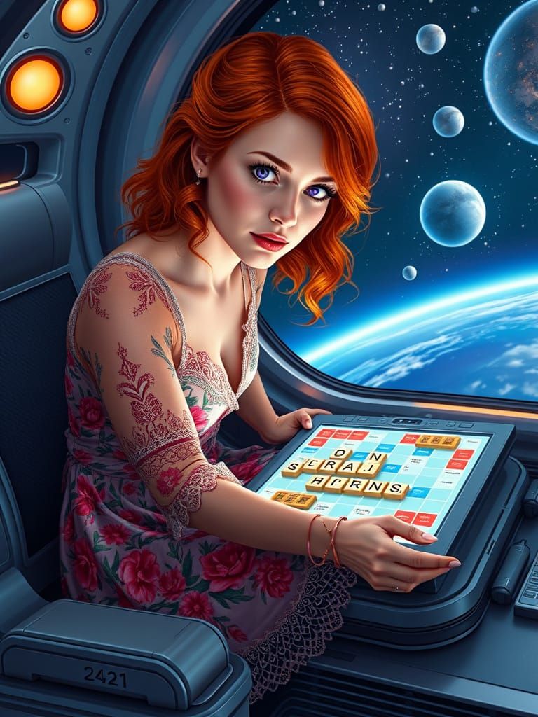 Radiant Redheaded Woman Plays Scrabble in Futuristic Space S...
