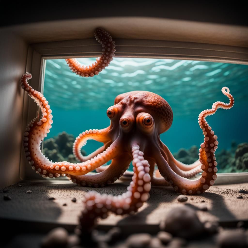 Octopus Emerges from Window on Ocean Floor