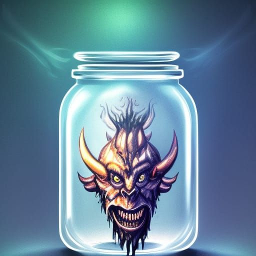 Demonic Monster in Jar: Hyperrealistic Concept Art