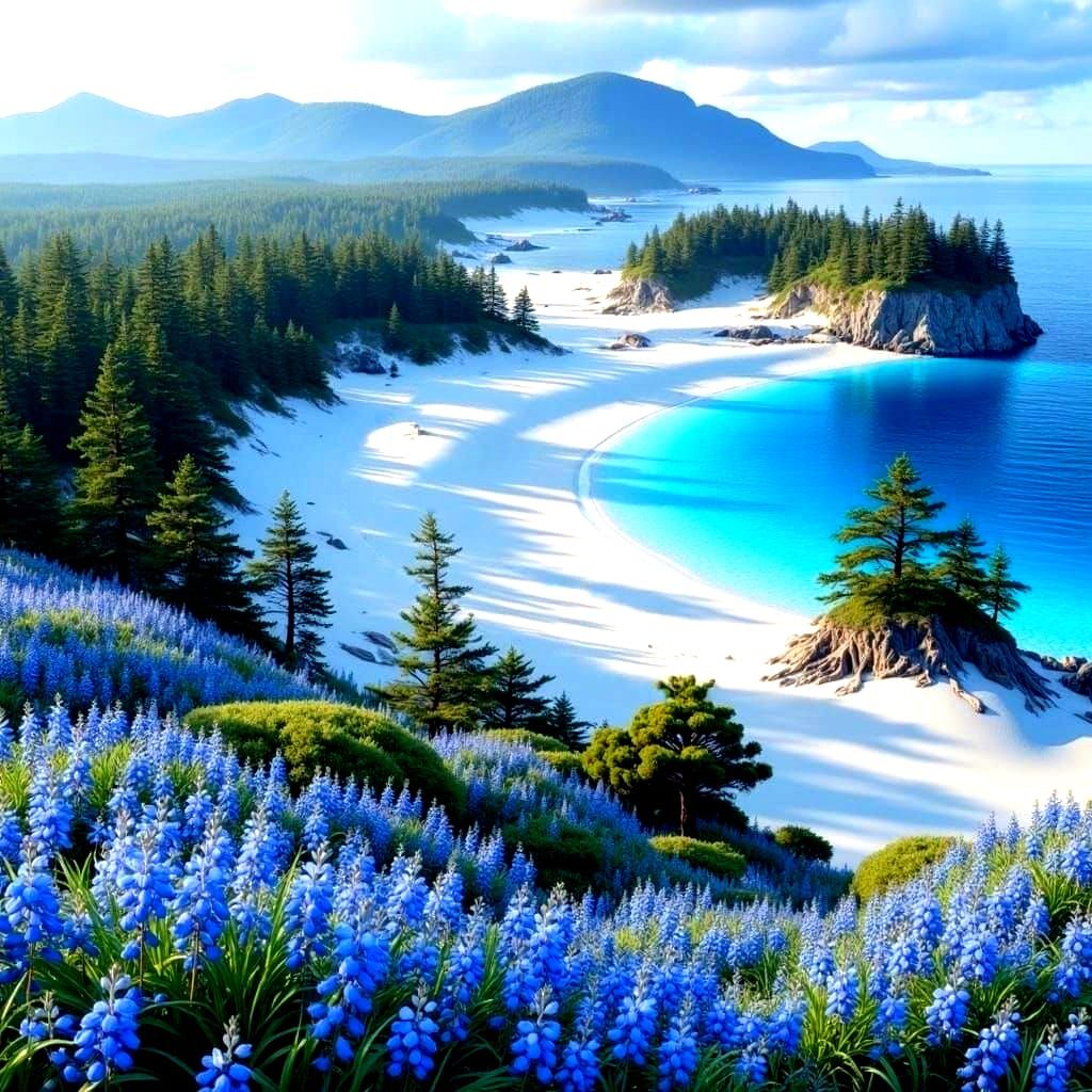 Vibrant Blue Wildflowers Bloom on a Secluded Beach Peninsula