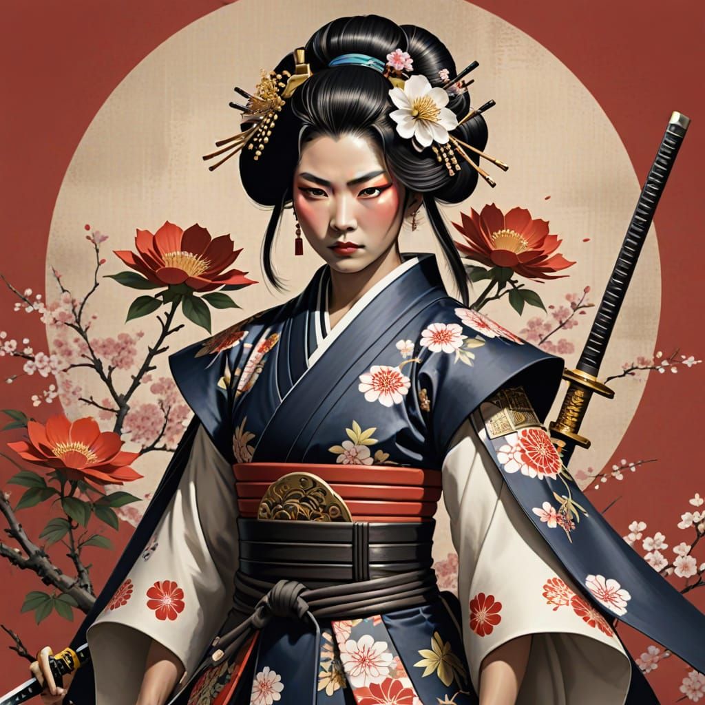 Elegant Geisha-Samurai in Floral Armour with Sword