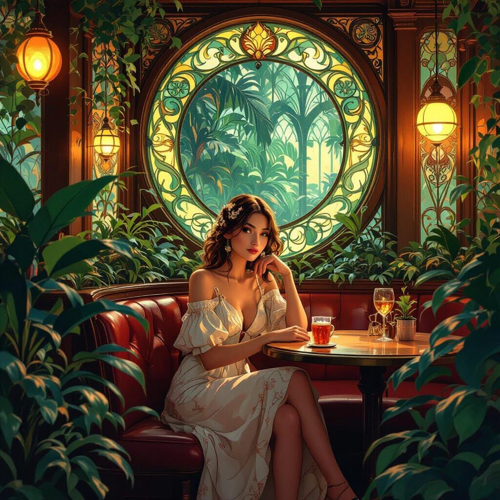 Vibrant Night Cafe in Art Nouveau Style