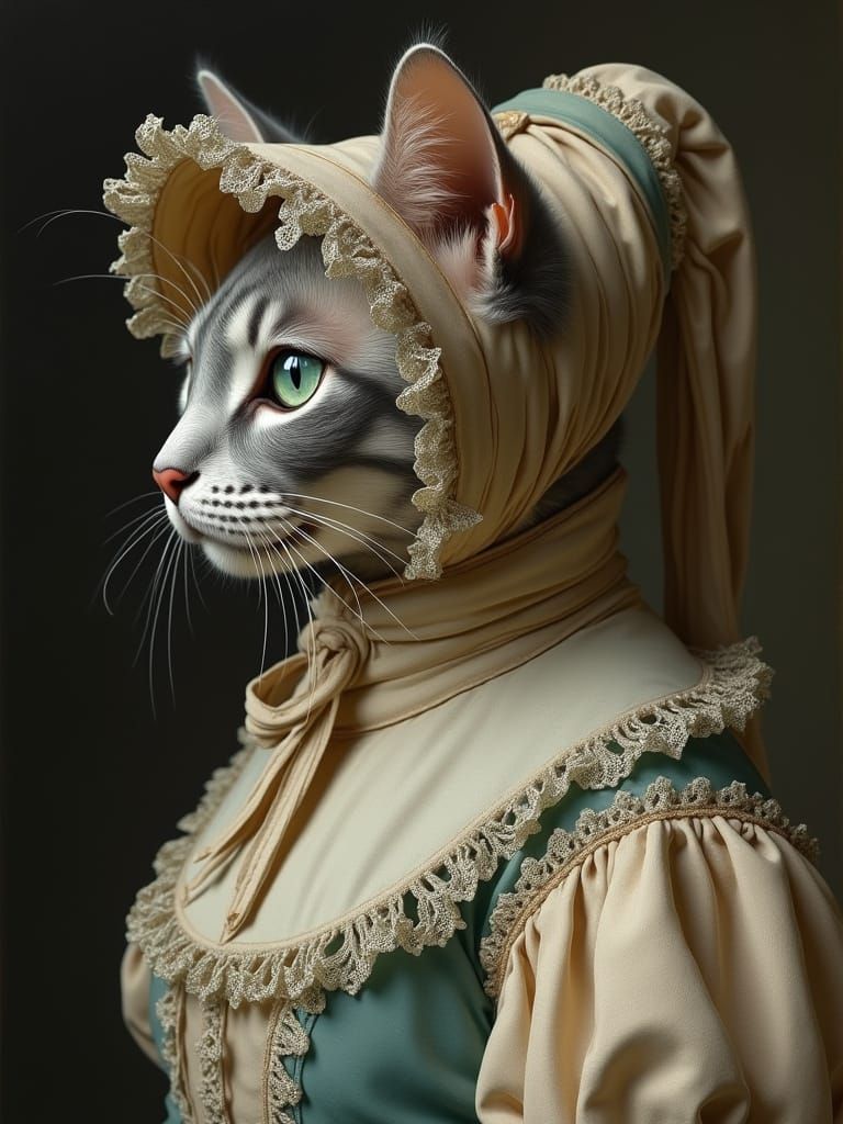 16th Century Gothic Portrait of a Gray Cat in Oil on Canvas
