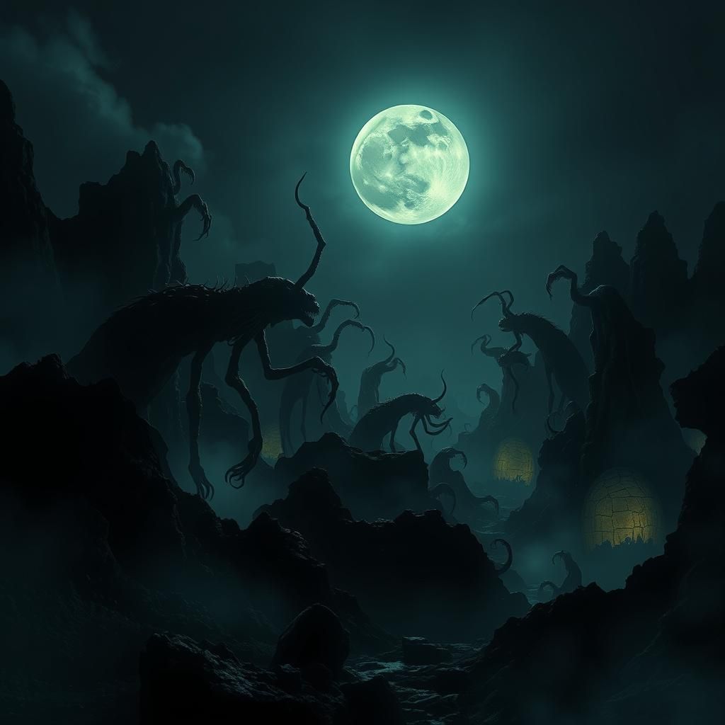 Nightmarish Creatures in Bioluminescent Landscape