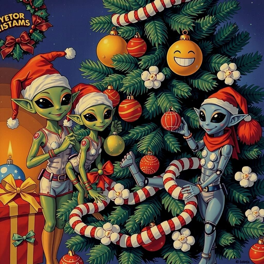 Retro Futuristic Elves Decorate Tree With Sci-Fi Ornaments