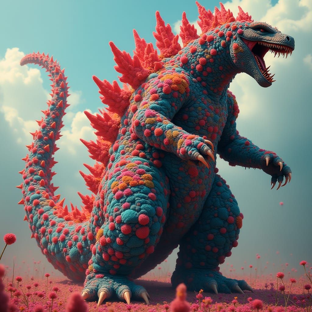 Pop Art Godzilla Made of Pom Poms in HDR