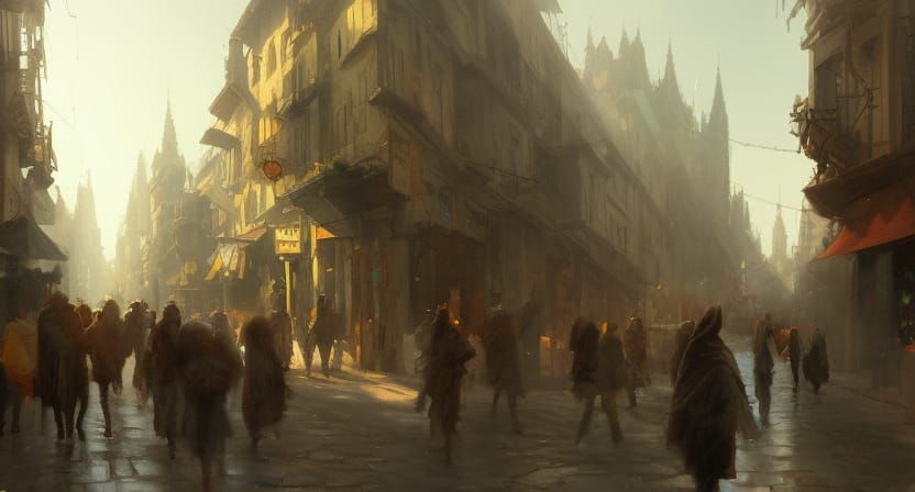 Cloaked Figures on Bustling Medieval Street