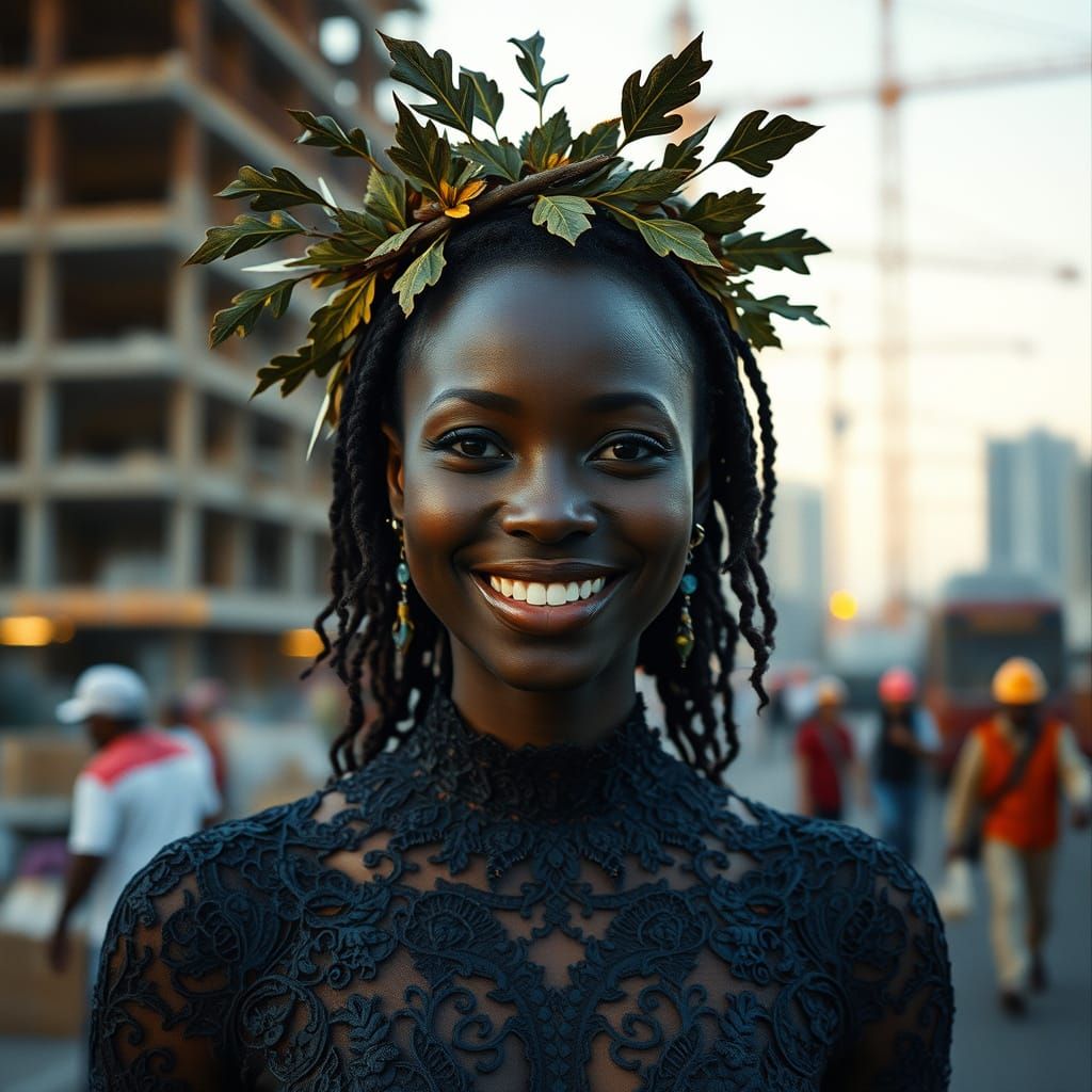 Smiling Woman in Lace and Neon, Cinematic Portrait