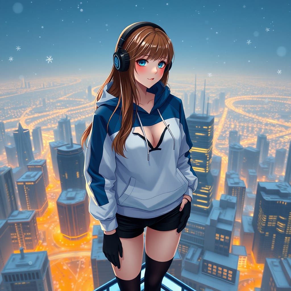 Anime Woman in Snowy Cityscape at Night