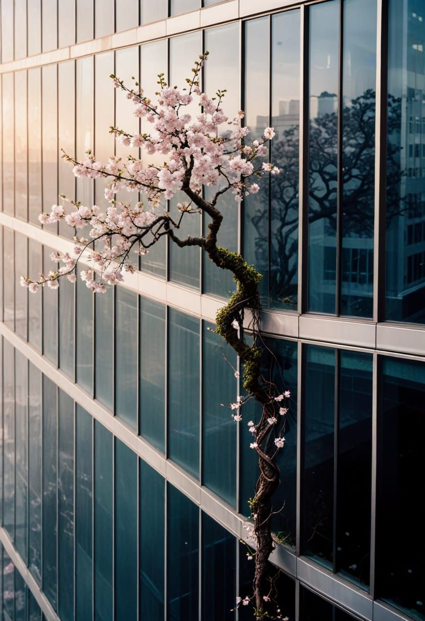 Bonsai Cherry Tree on Glass Skyscraper