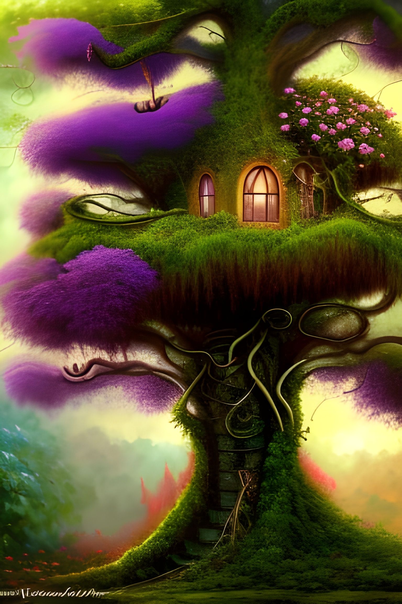 Whimsical Bio-Futuristic Treehouse Digital Art