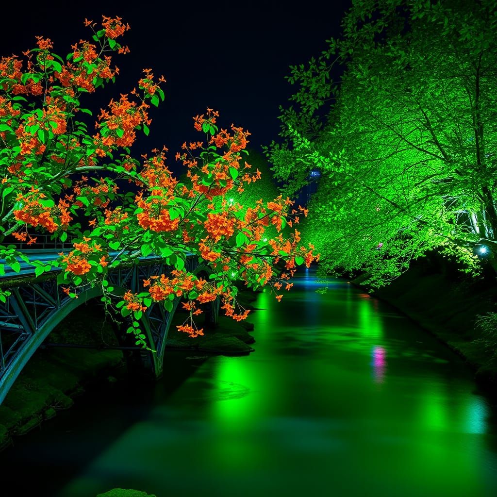 Fluorescent Water Lilies in a Night River