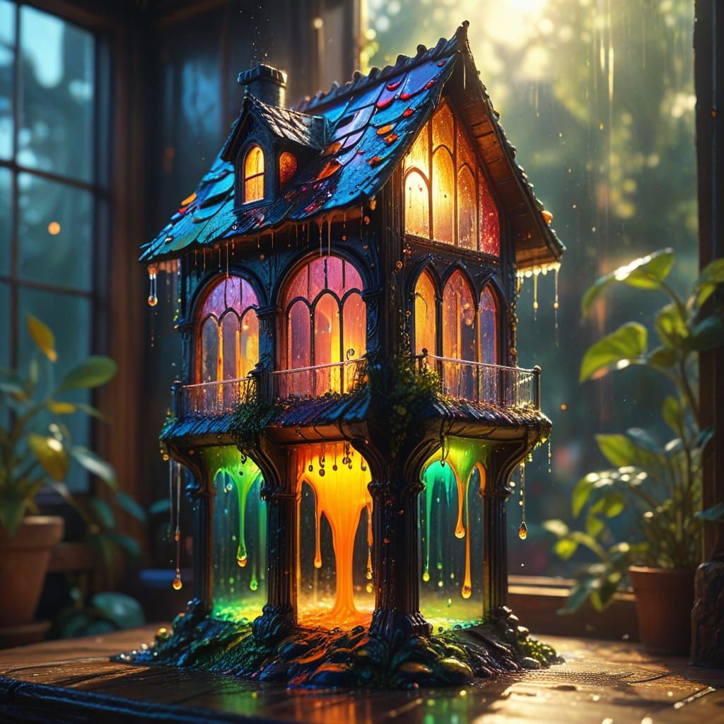 Transparent Dripping House in Magical Realism Style