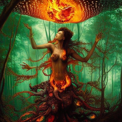 Fly Agaric Fire Goddess in Psychedelic Forest