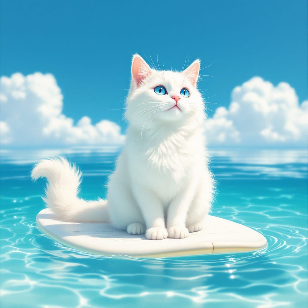 Calm Cat on Surfboard in Dreamy Oil Painting