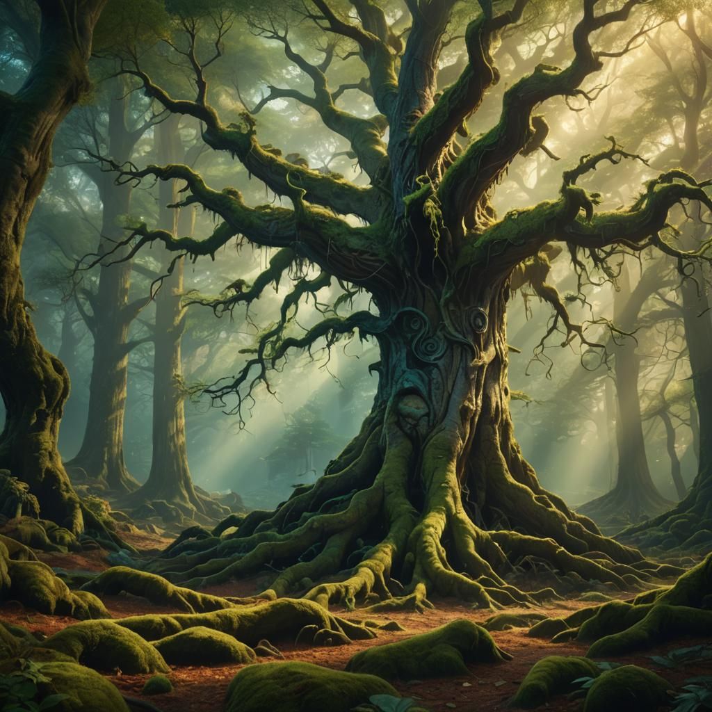 Mystical Forest Ancient Tree in Fauvist Style