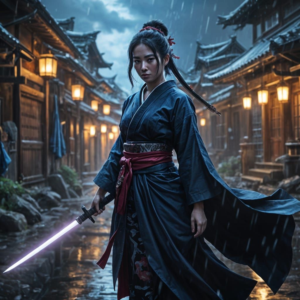 Glowing Geisha Warrior in Stormy Japanese Village