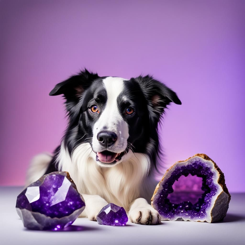 Border Collie Dog in Amethyst Geode Photo