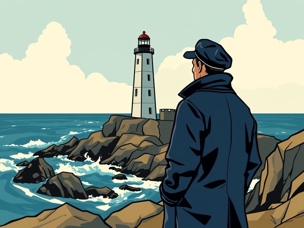 Sailor Contemplates Lighthouse in Cubist Coastal Scene