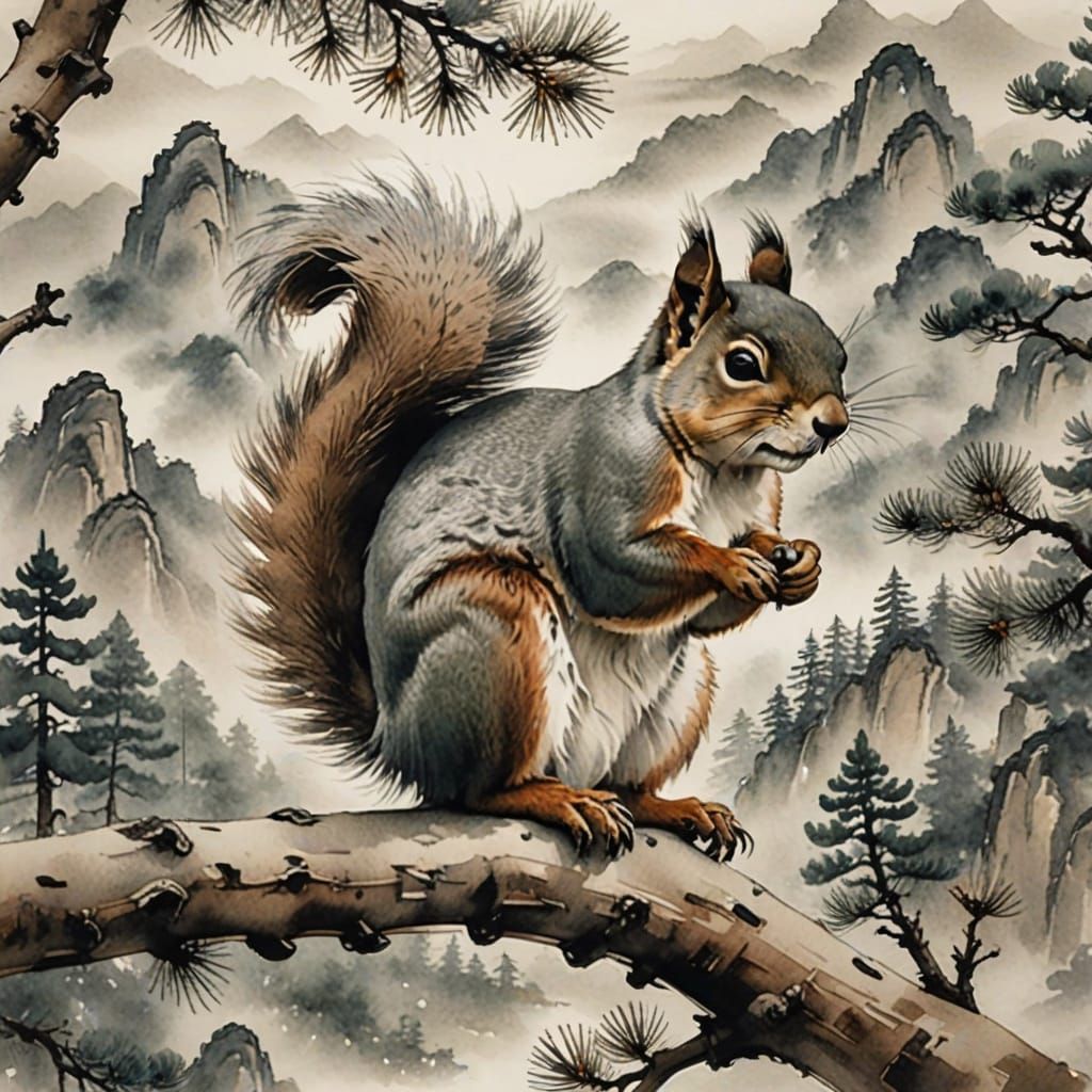 Squirrel on Pine Branch in Chinese Ink Art