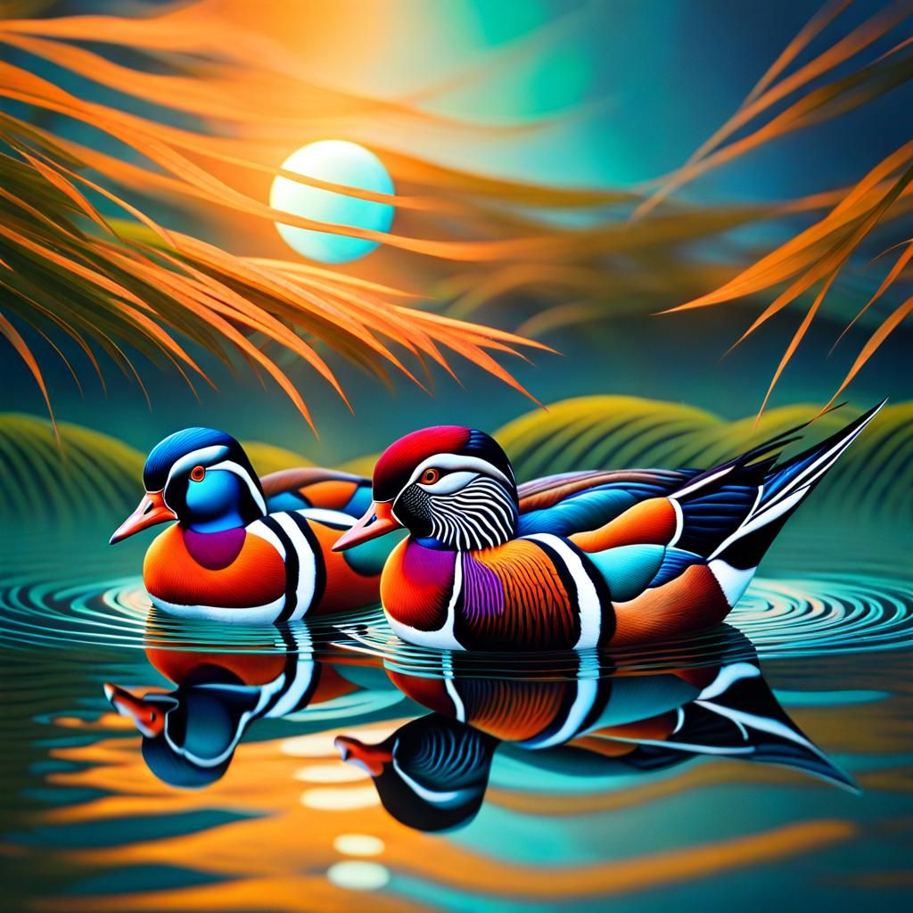 Mandarin Ducks in Water: Cubist Astral Illustration